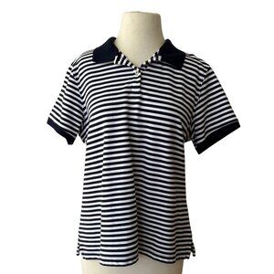 LL Bean Women's Relaxed Fit Premium Double Polo Striped Shirt Dark Blue White L